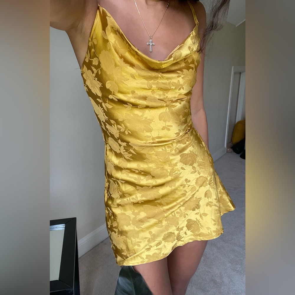 Lulus Close to Your Heart Yellow Satin Jacquard Cowl Slip Dress